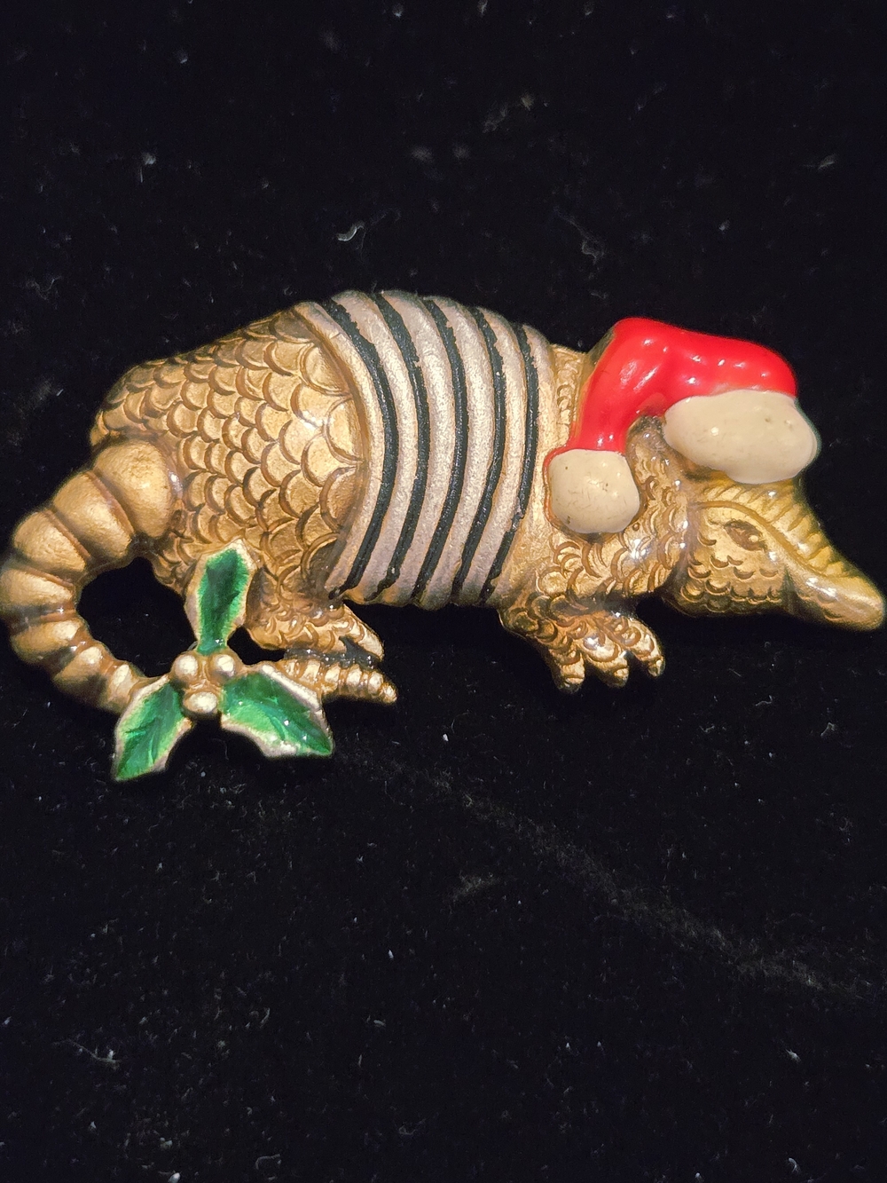 Festive Don Lin Armadillo Brooch with Santa Hat and Holly Collectable